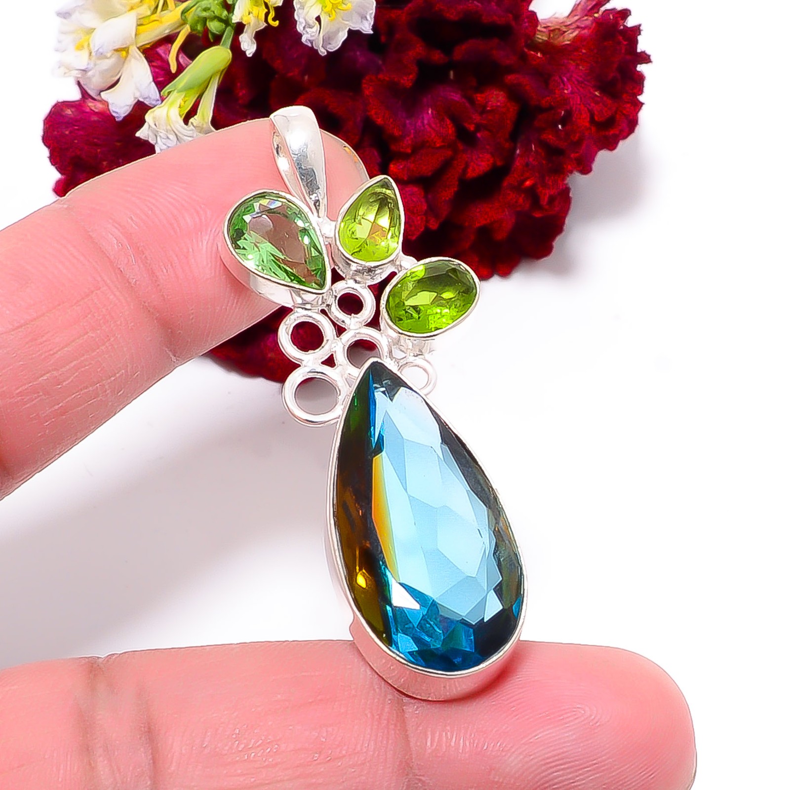 Bi-Colour Tourmaline & Peridot 925 Sterling Silver Pendant 2.15″ P1017296356