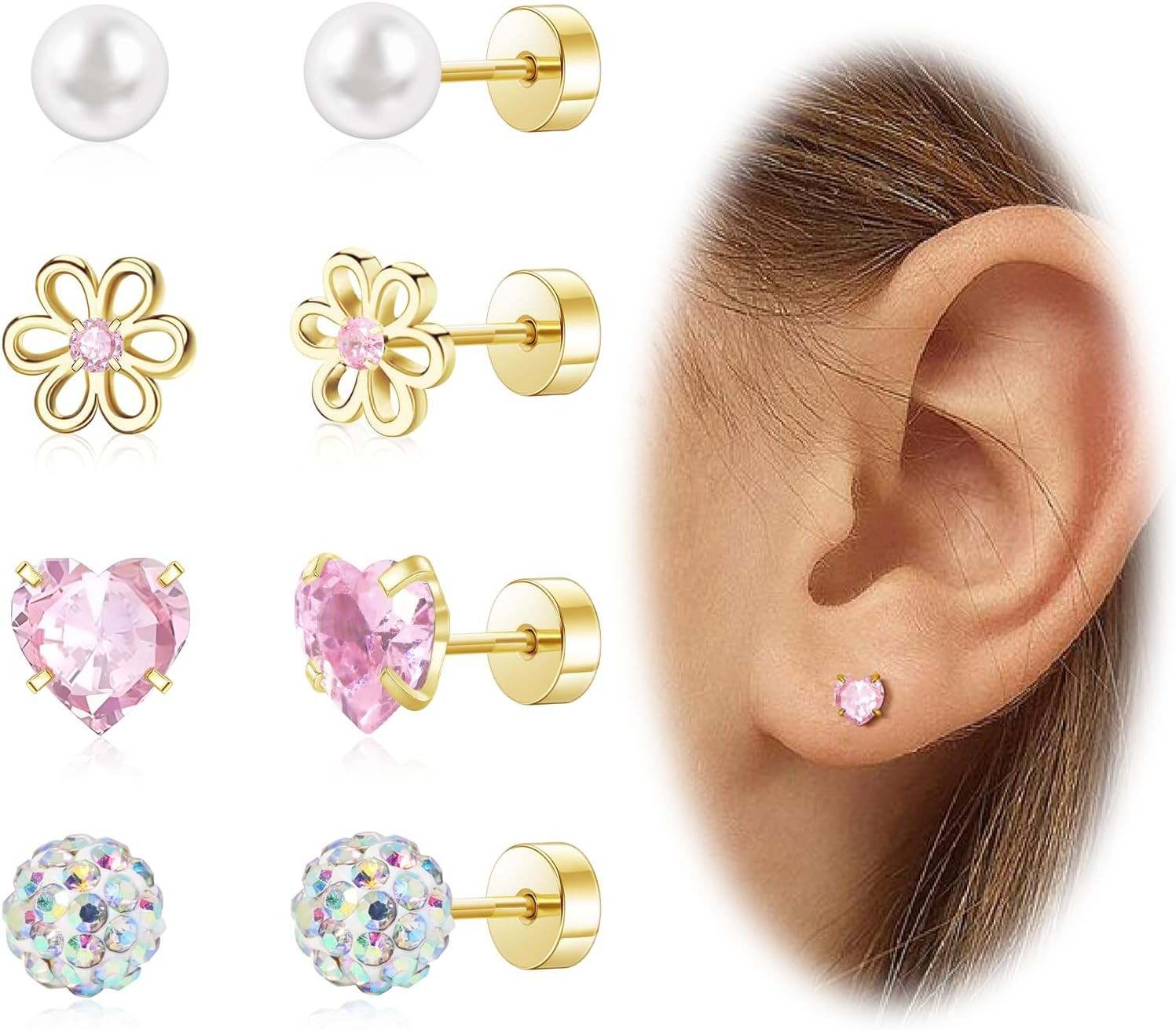 Hypoallergenic Earrings for Girls Toddler Surgical Steel Screw Gold Cute Mixed