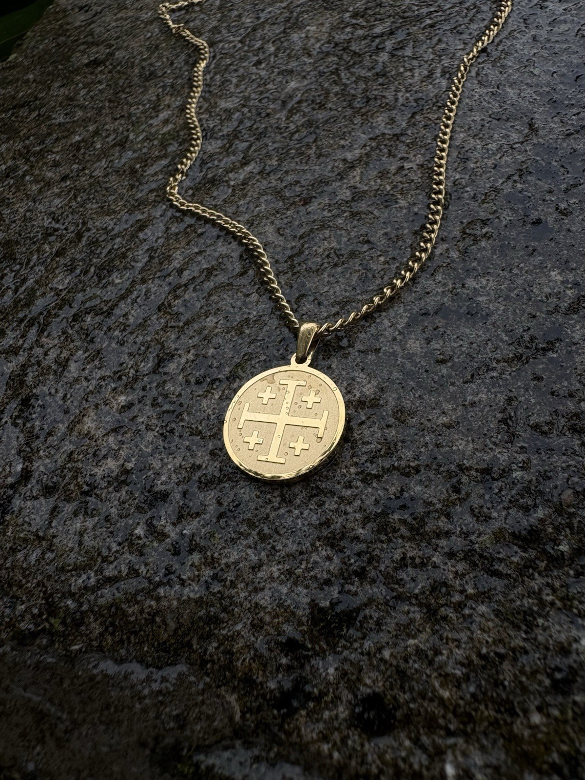 Gold Jerusalem Cross Pendant Necklace PVD Stainless Steel Curb Chain 55cm Unisex