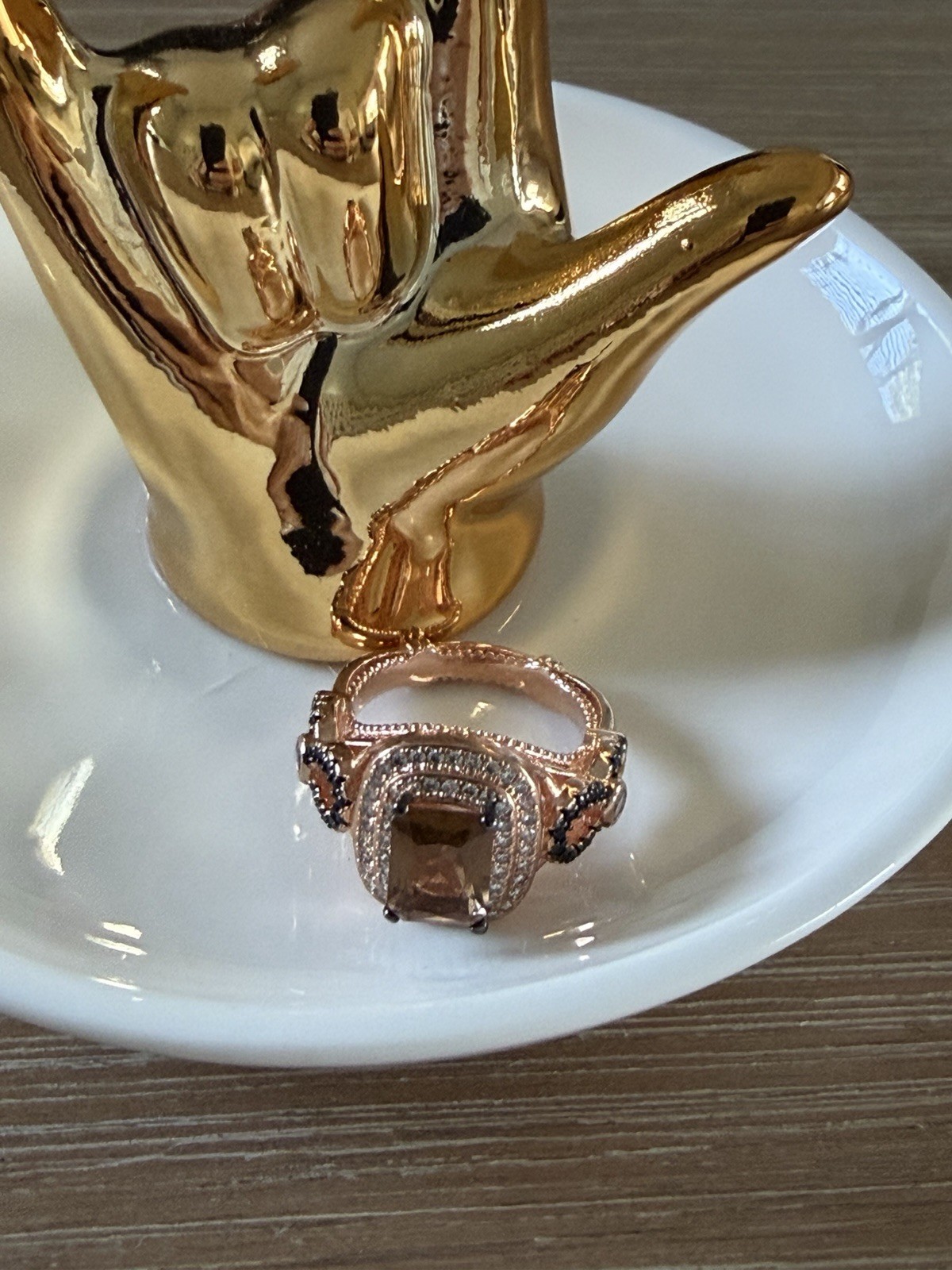 Rose Gold Plated Cocktail Ring Size 5 Brown Cushion Stone Rose Gold Tone