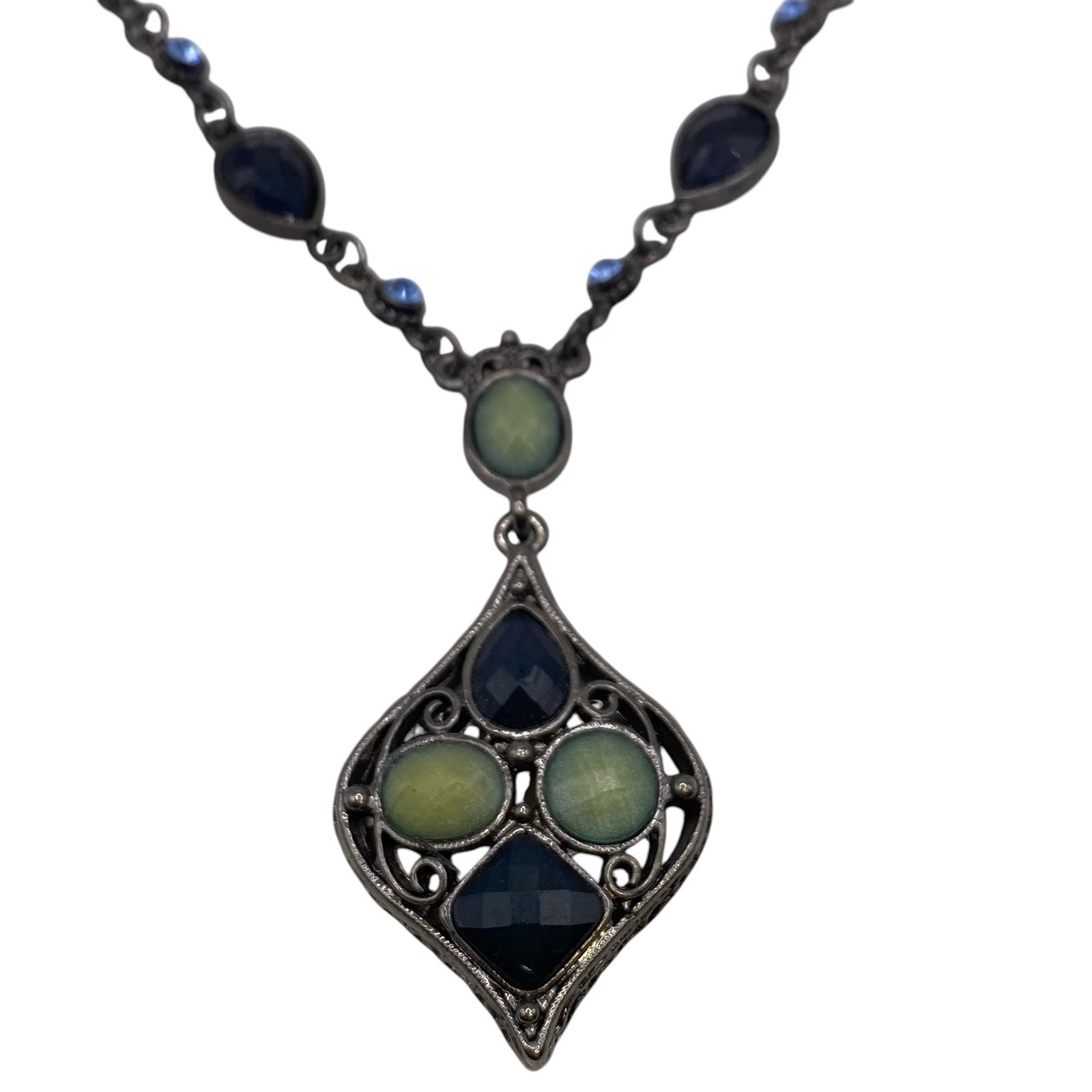 1928 Signed Necklace Green Blue Black Rhinestone Costume Jewelry