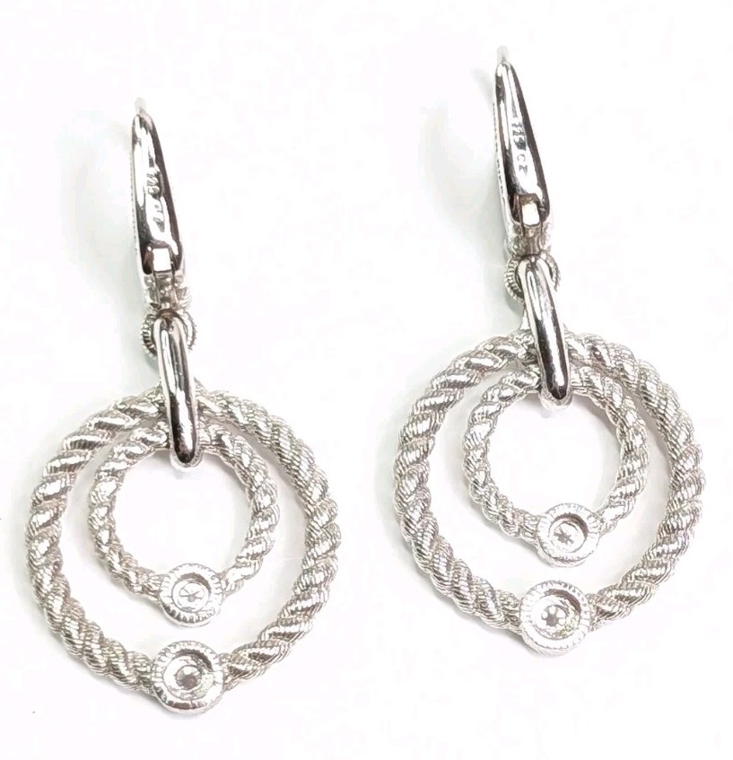 Judith Ripka Dangle Earrings Double Circle Drop CZ Sterling Silver Lever Back