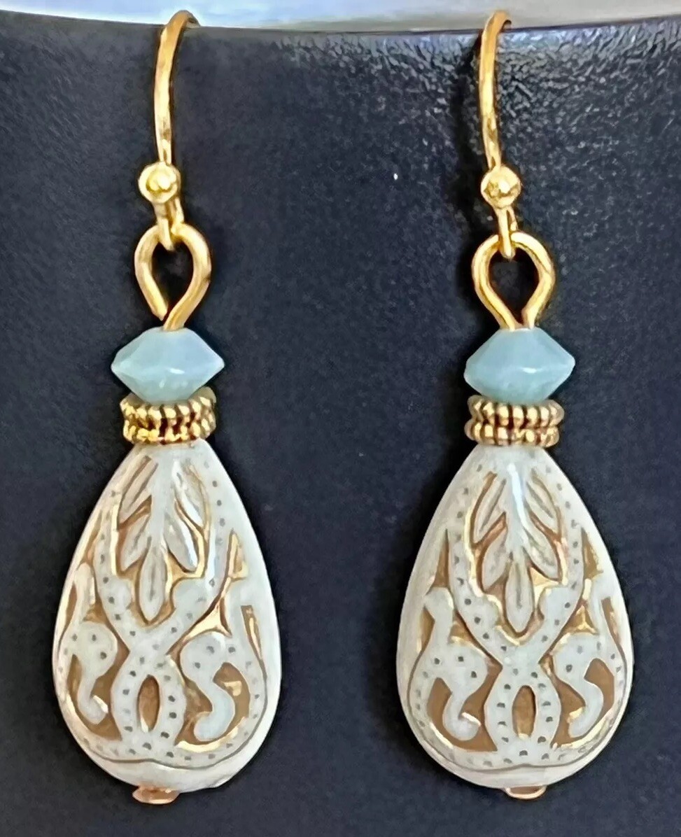 Beautiful Gold, Pale Blue and Etched Ivory Teardrop Dangle Earrings