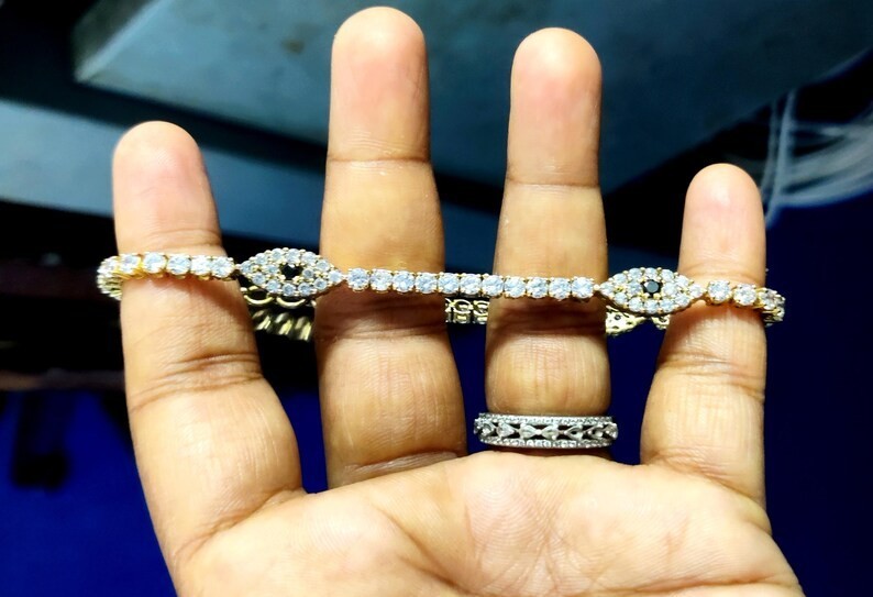 6 Ct Round Simulated Diamond Evil Eye Tennis Bracelet 925 Yellow Sterling Silver
