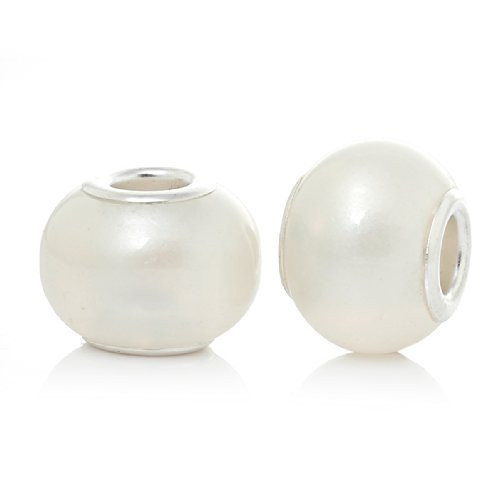 Five (5)White Pearl Lampwork Murano Glass European Beads Compatible with Europea
