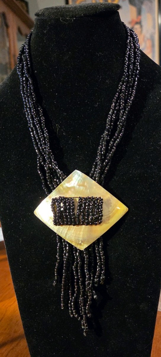 Vintage Multi Strand Black Seed Bead Boho MOP Necklace featuring large pendant