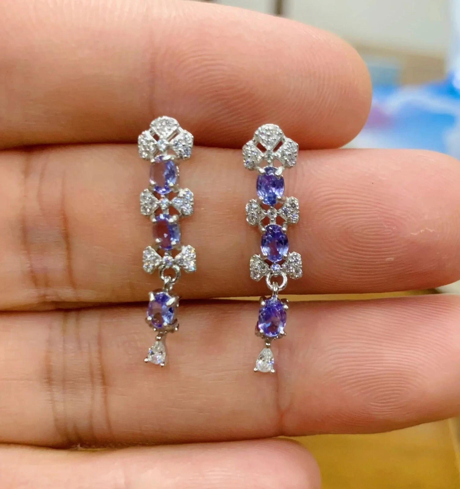 3.0Ct SIMULATED Tanzanite & Diamond Drop & Dangle Earrings 14K White Gold Plated