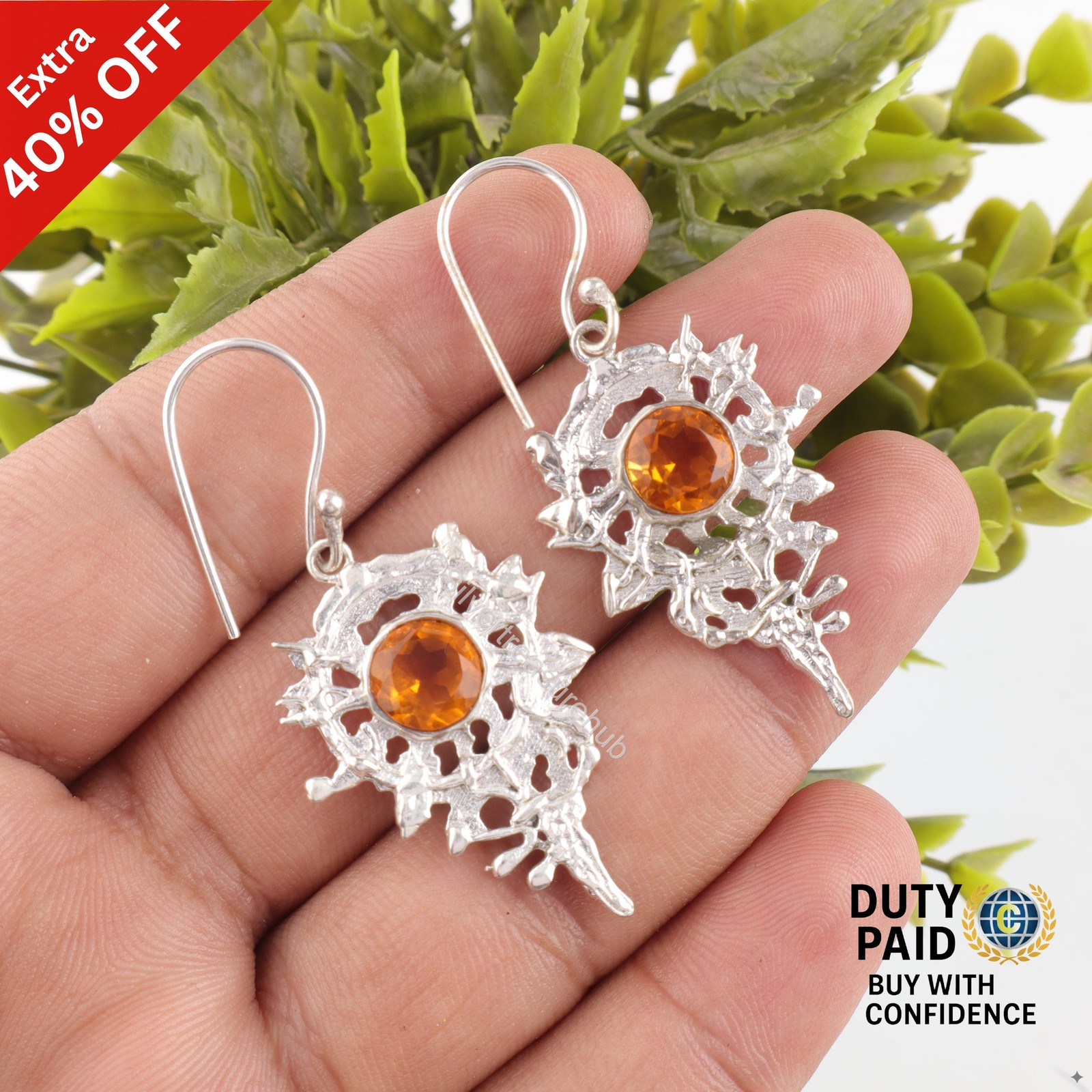 November Birth Round Citrine Stone Sterling Silver Drop Dangle Earrings Jewelry