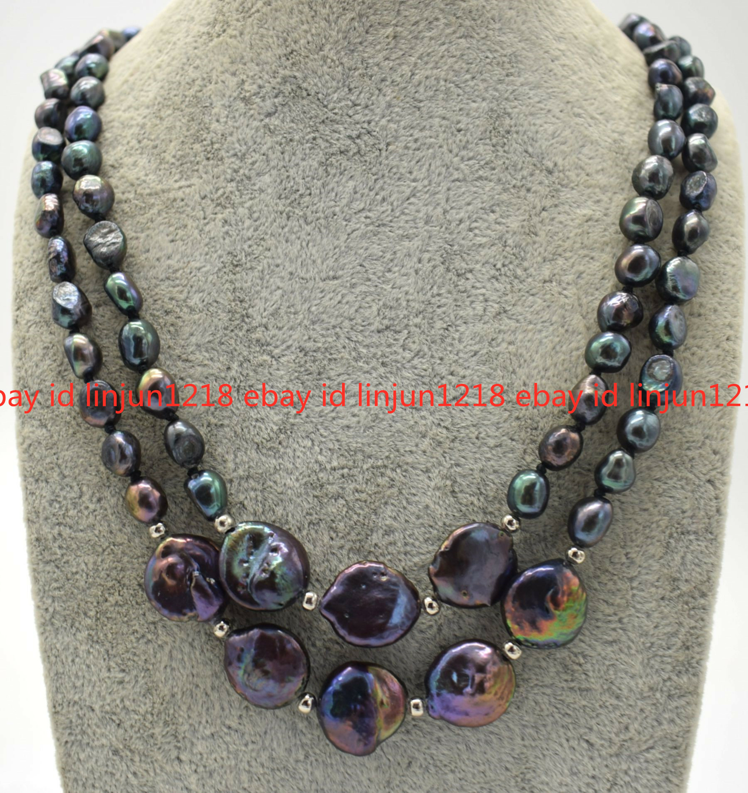 2Rows 7-8mm Natural Black Baroque Pearl 12-13mm Coin Pearl Necklace 18-19in