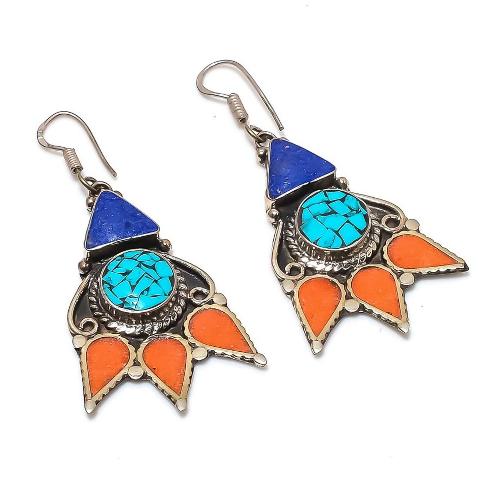 Tibetan Turquoise Coral Lapis lazuli Ethnic Nepali Jewelry Earrings 2.6″ SR 5421