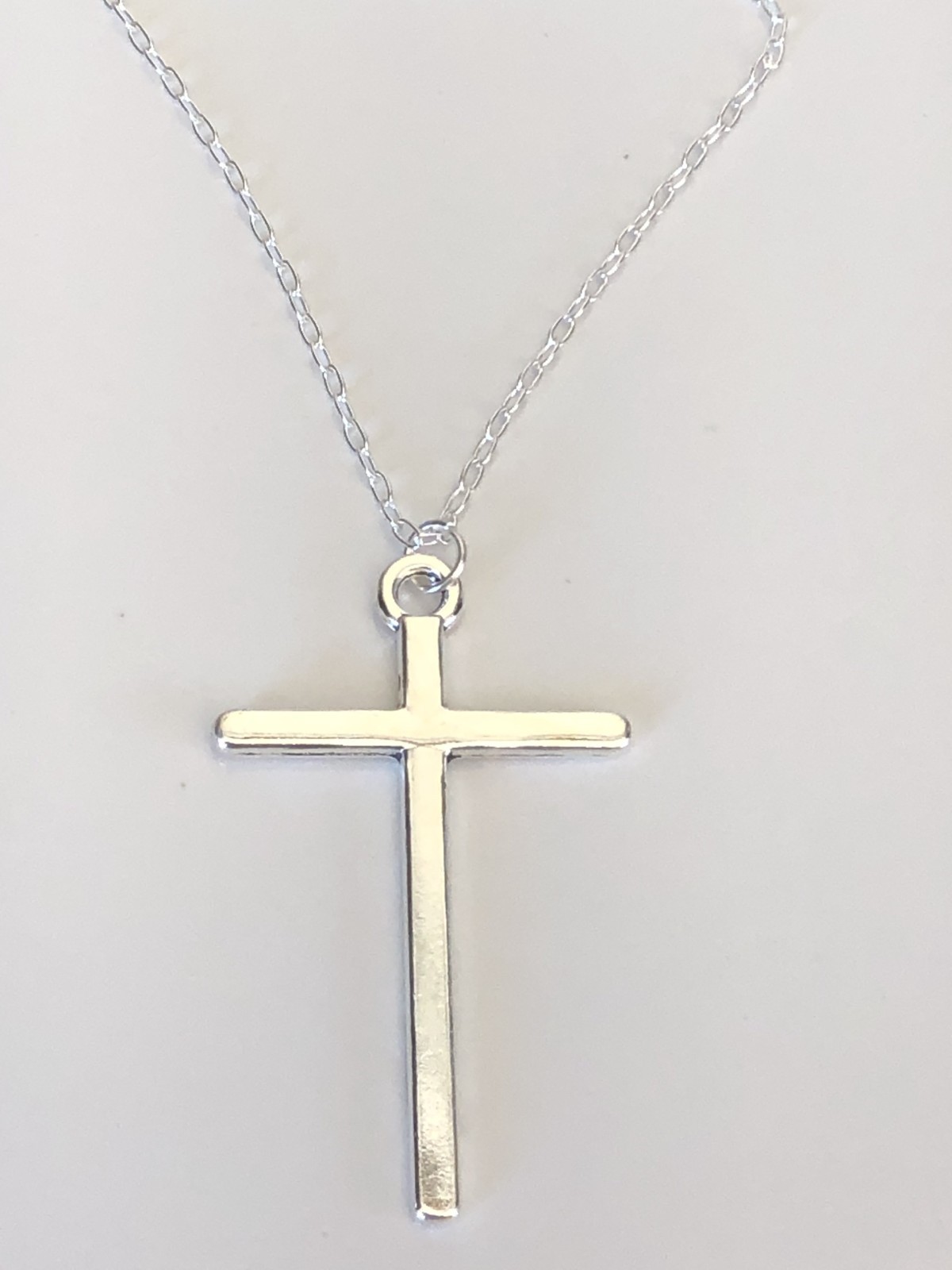 Cross Long Solid 4.5cm Charm Pendant Sterling Silver Necklace Chain 45cm