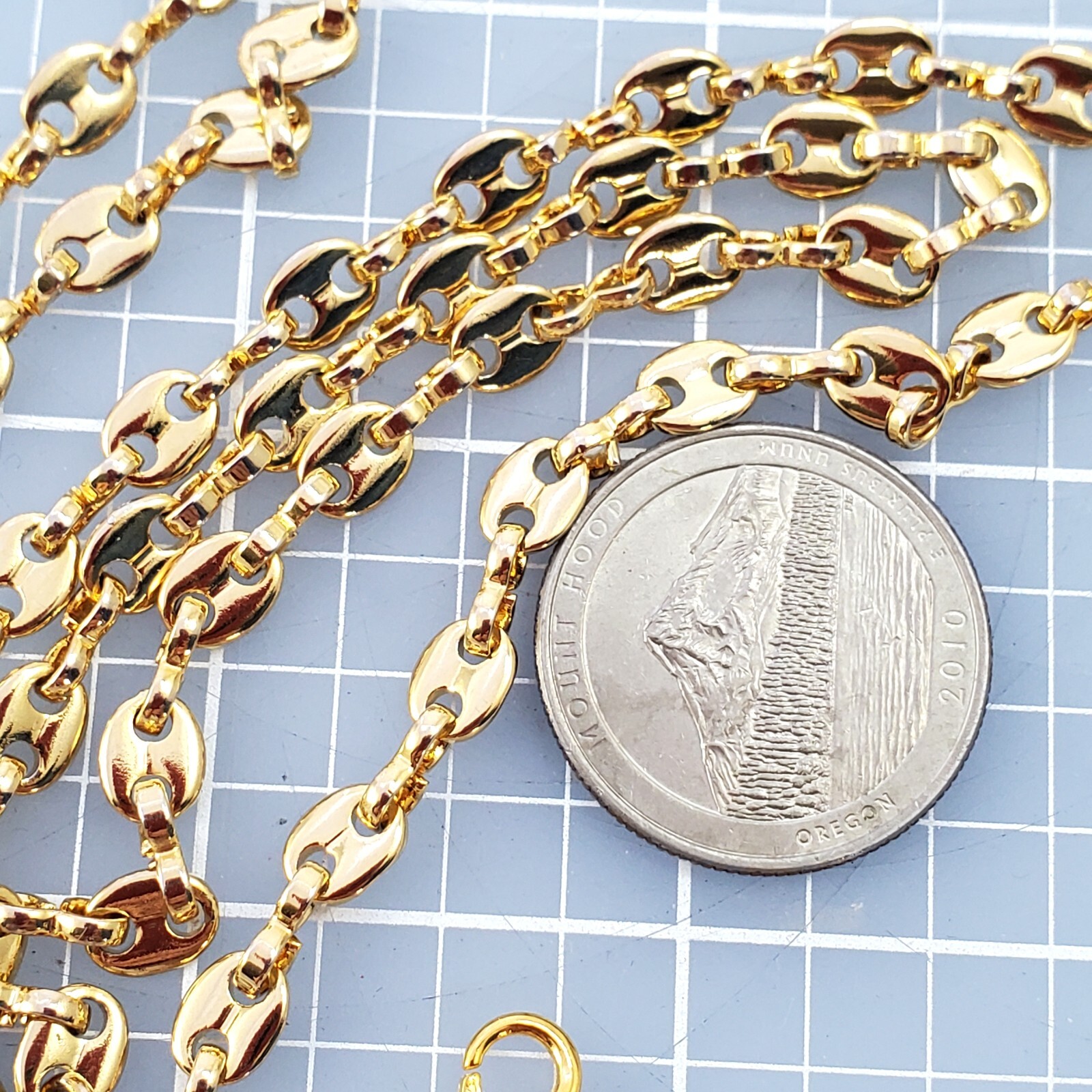 ANCHOR CHAIN Tiny Link MARINER Gold Tone Thin Puffed Necklace 26″ Long