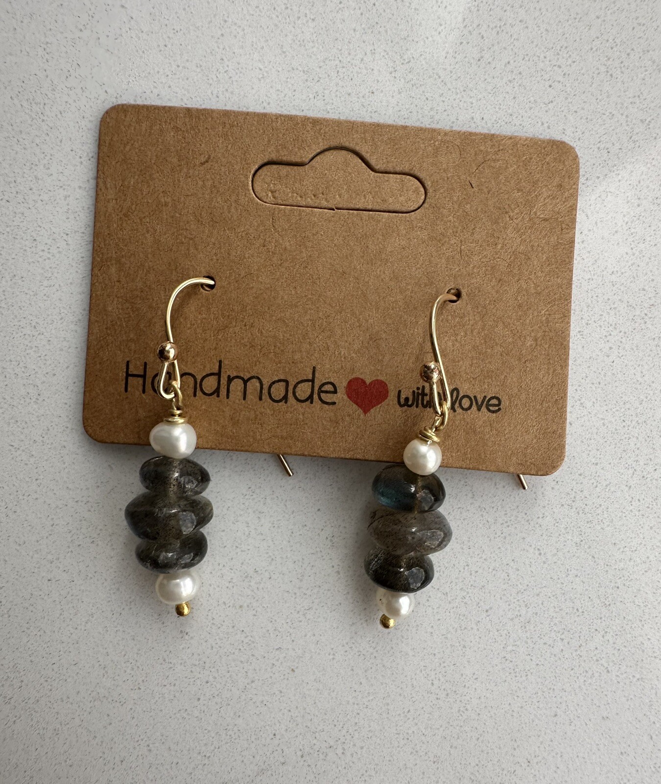 New Handmade 925 Sterling Silver Gold Plated Gray Labradorite & Pearl Earrings