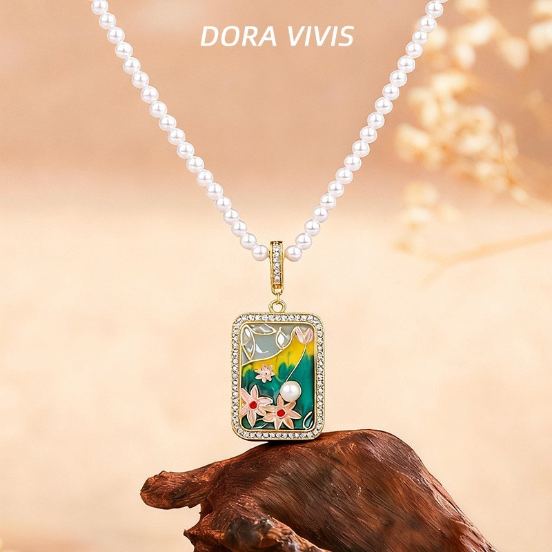 Pearl Crystal Pendant Necklace Flower Charm 18K Gold Plated Monet Garden Style