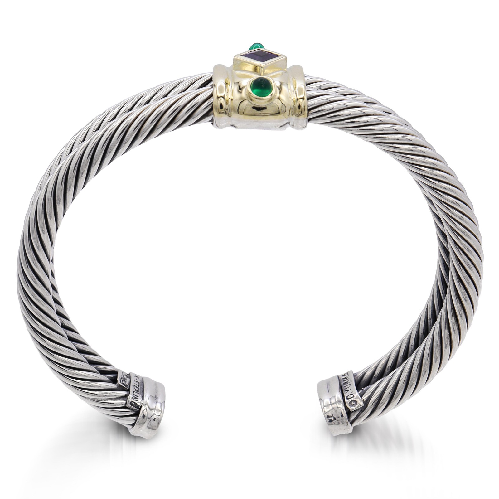 David Yurman Sterling Silver 14K Gold Amethyst Green Onyx Cable Cuff Bracelet