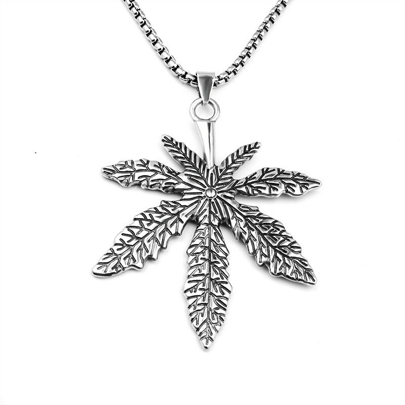 MEN Stainless Steel 3D Large Cannabis Marijuana Leaf Pendant Necklace 0818