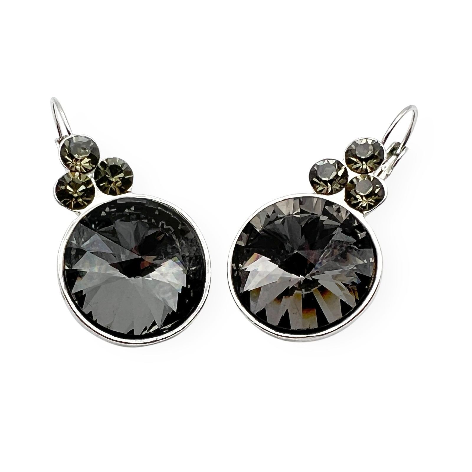 Crystal Black Gray Earrings Faceted Rivoli Drop Pierced Whimsigoth Dark Elegance