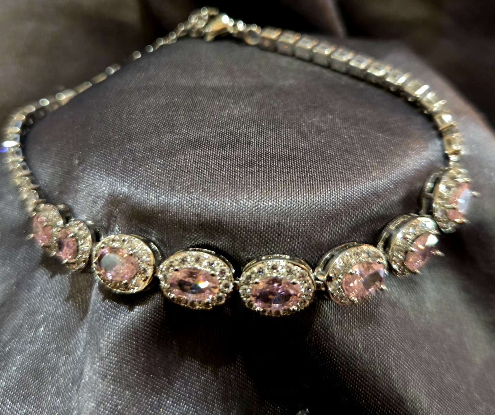 Silver Tone Pink Crystal Oval Halo Tennis Bracelet Adjustable Box Chain Lobster