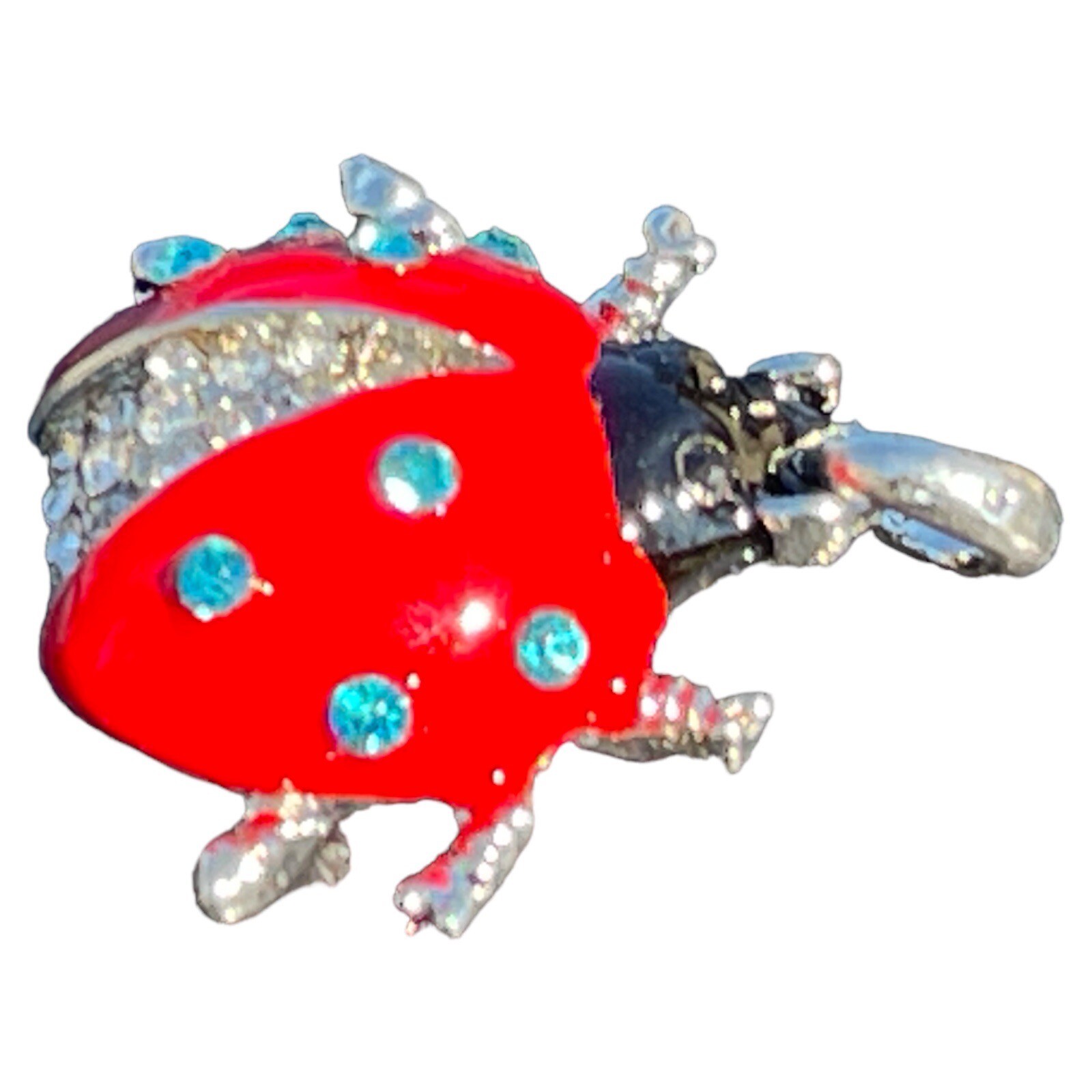 Lady Bug Pendant Red Black Laquer & Faceted Crystal Silver 1 1/2”x 1 3/8” w/Bail