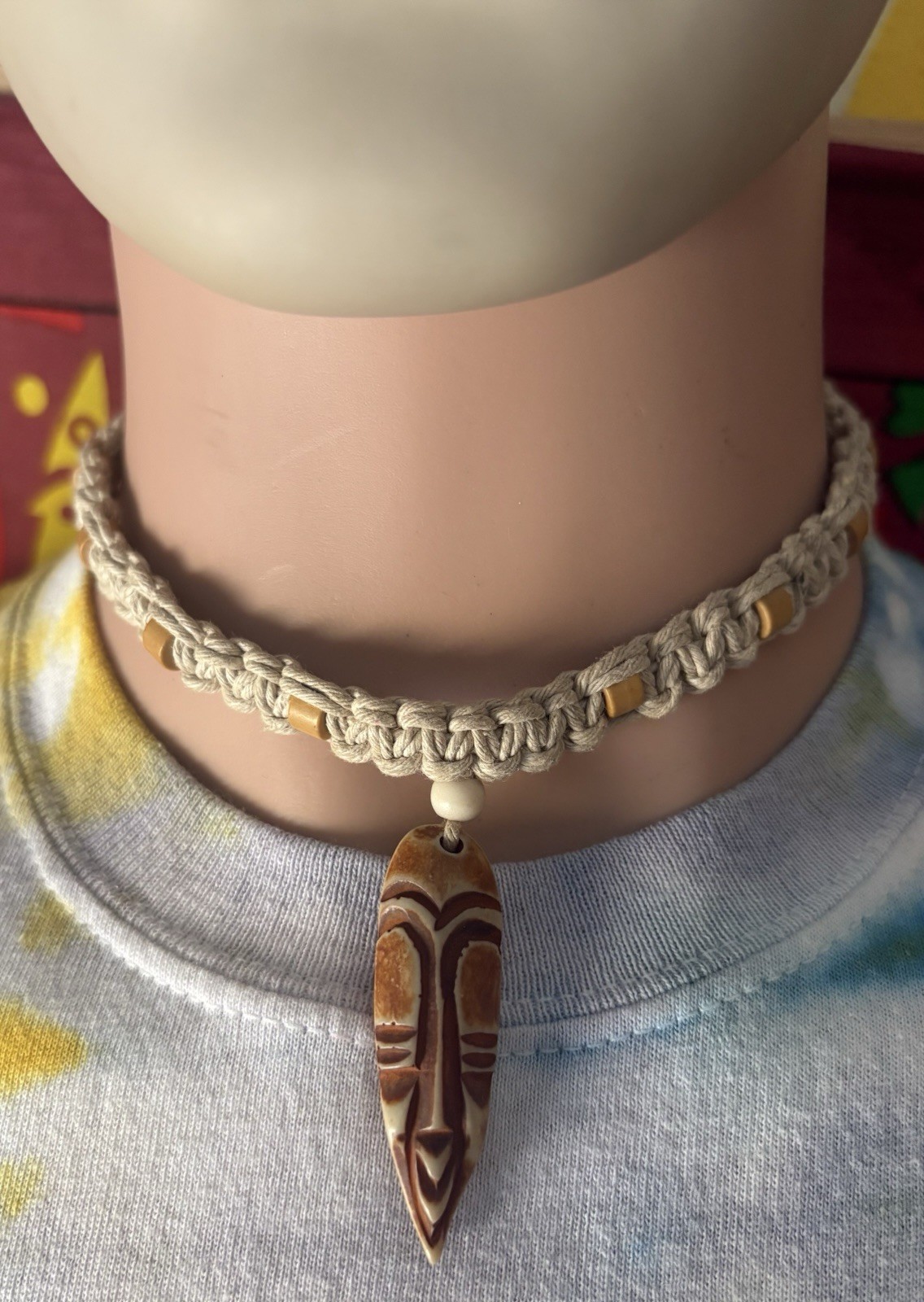 Wood Asymmetrical Charm Pendant Hemp Cord Choker Necklace Tribal Adjustable Tie