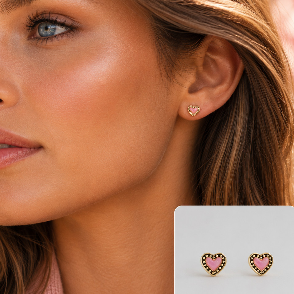 Kendra Scott 14k Gold Pink Iridescent Opal Mini Heart Bezel Stud Earrings NEW