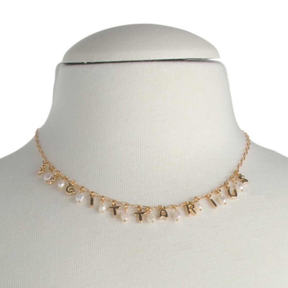 NWT LUNA NORTE Sagittarius Gold Tone Astrology Pearl Letter Necklace w/ Gift Box