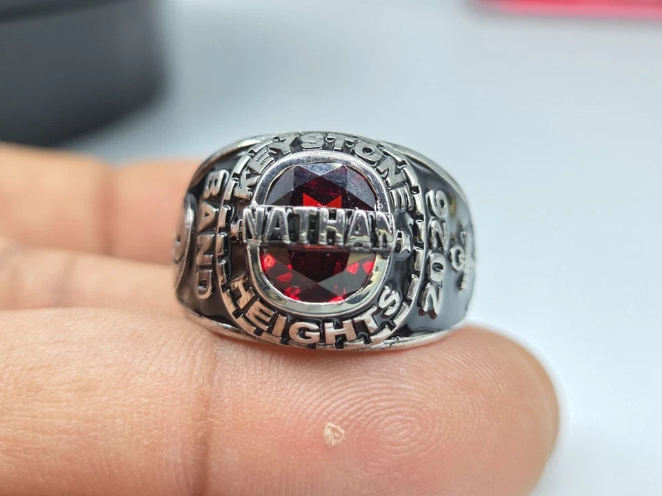 Men’s High School Class Ring Custom Gemstone University Name Logo Inner Engraved