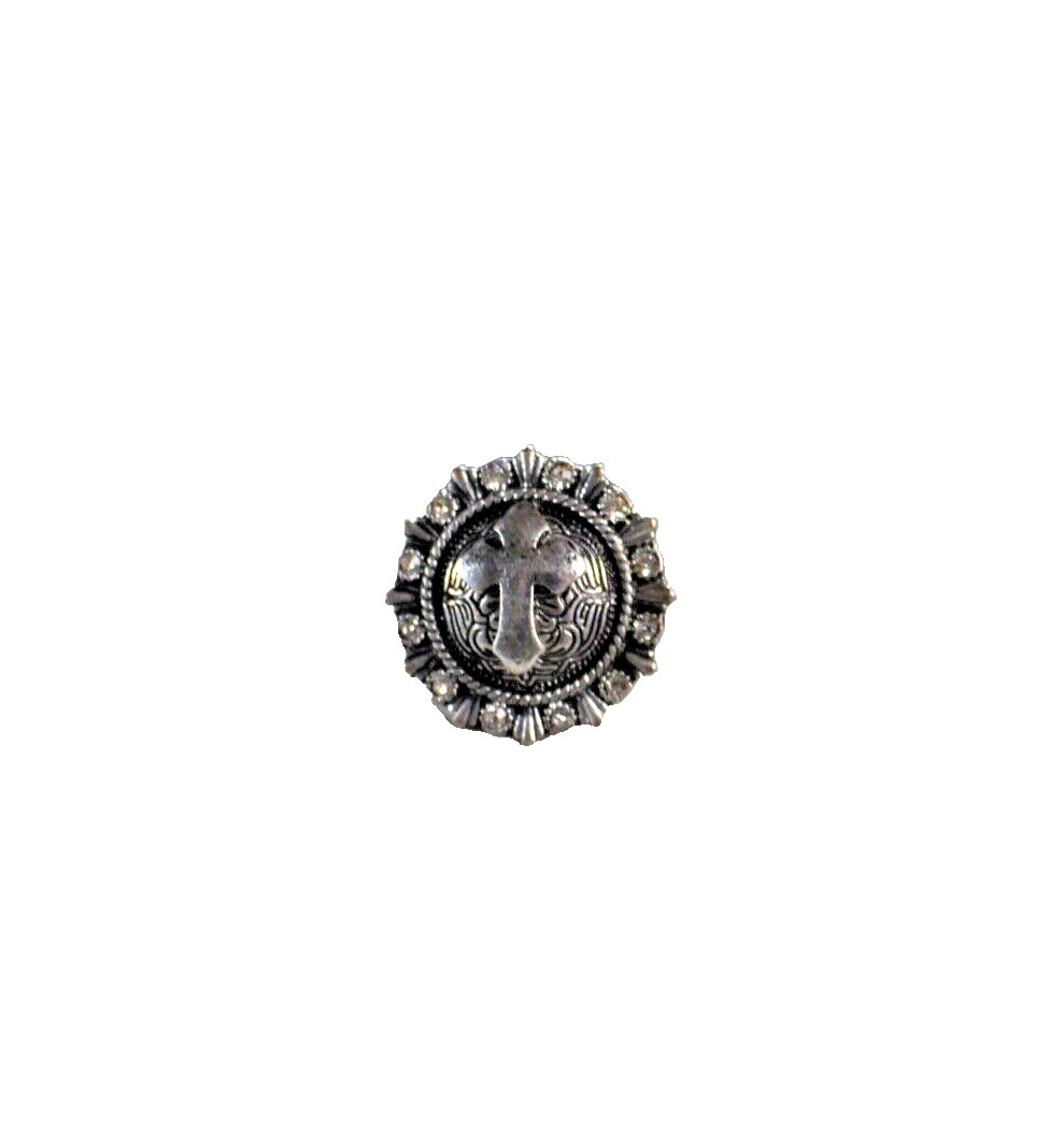 Western Womens Ring 1.25 in Cross Stretch Round Crystal Silver Cowgirl Rodeo