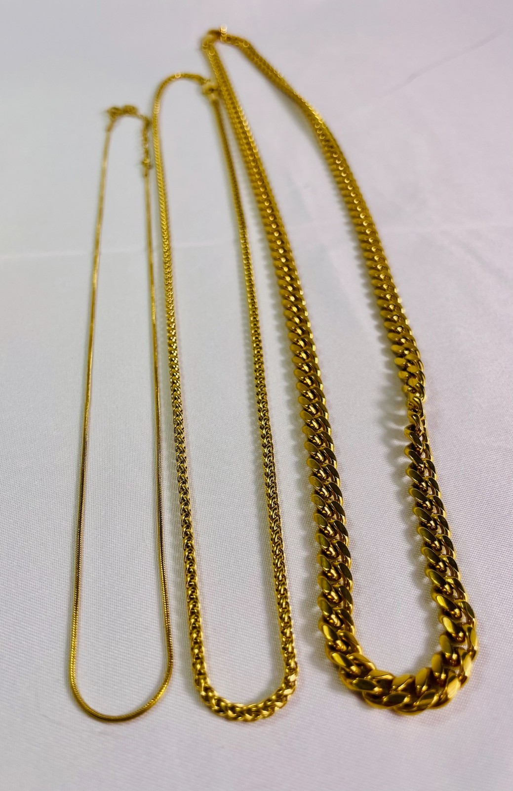 Lot of 3 Gold Tone Necklaces 18KGP Cuban Curb Chain Snake Chain Fashion Jewelry