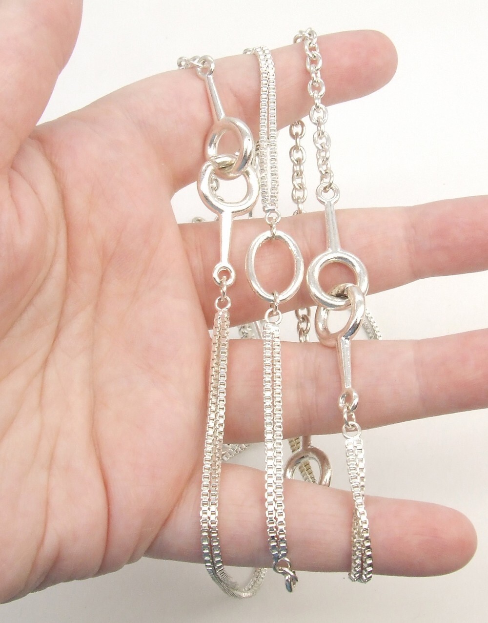 21″ Alfani Silver Tone Cable, Interlocking Ring Links & Multi Box Chain Necklace