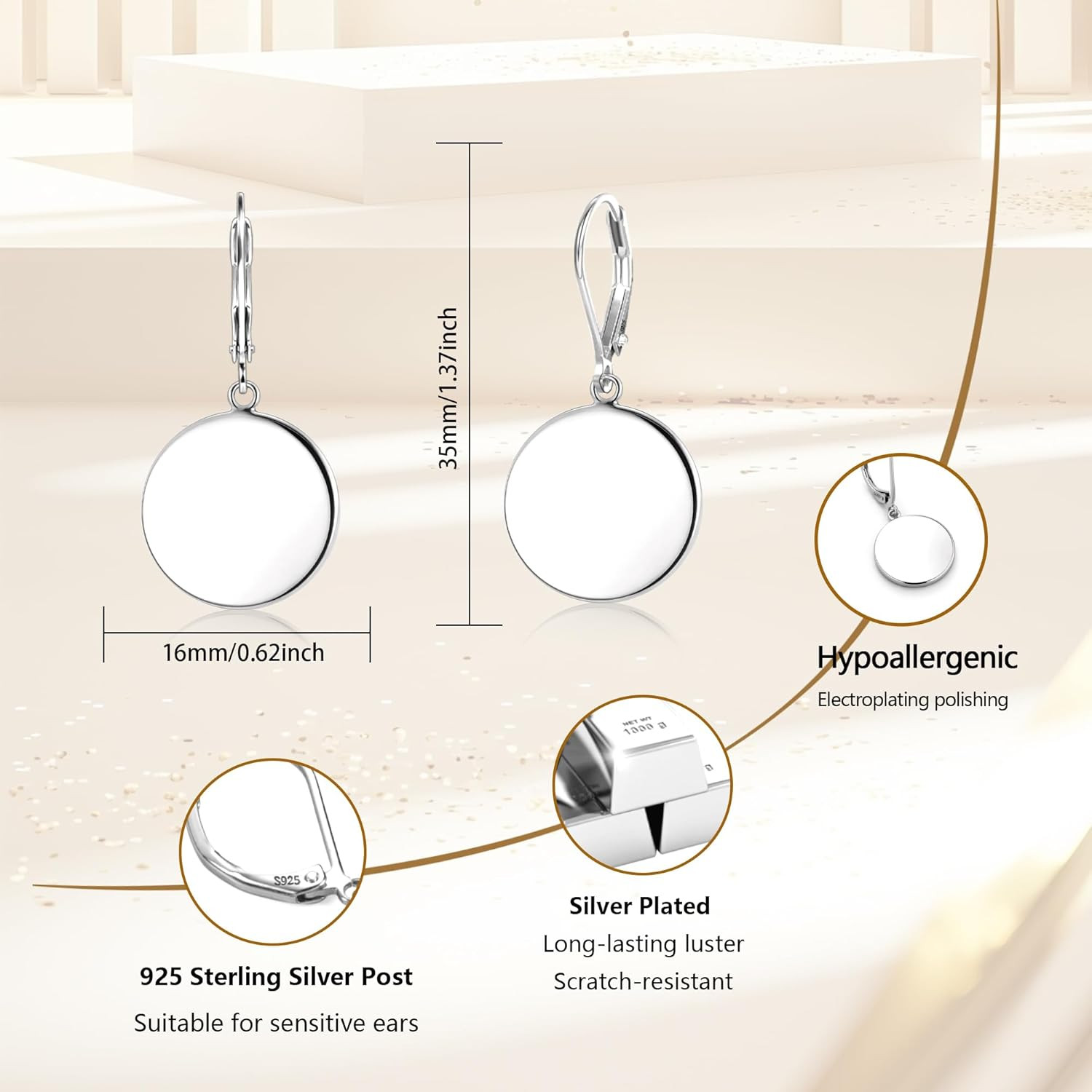 Disc Dangle Earrings for Women, 14K Gold Plated Flat Hypoallergenic Drop Earring