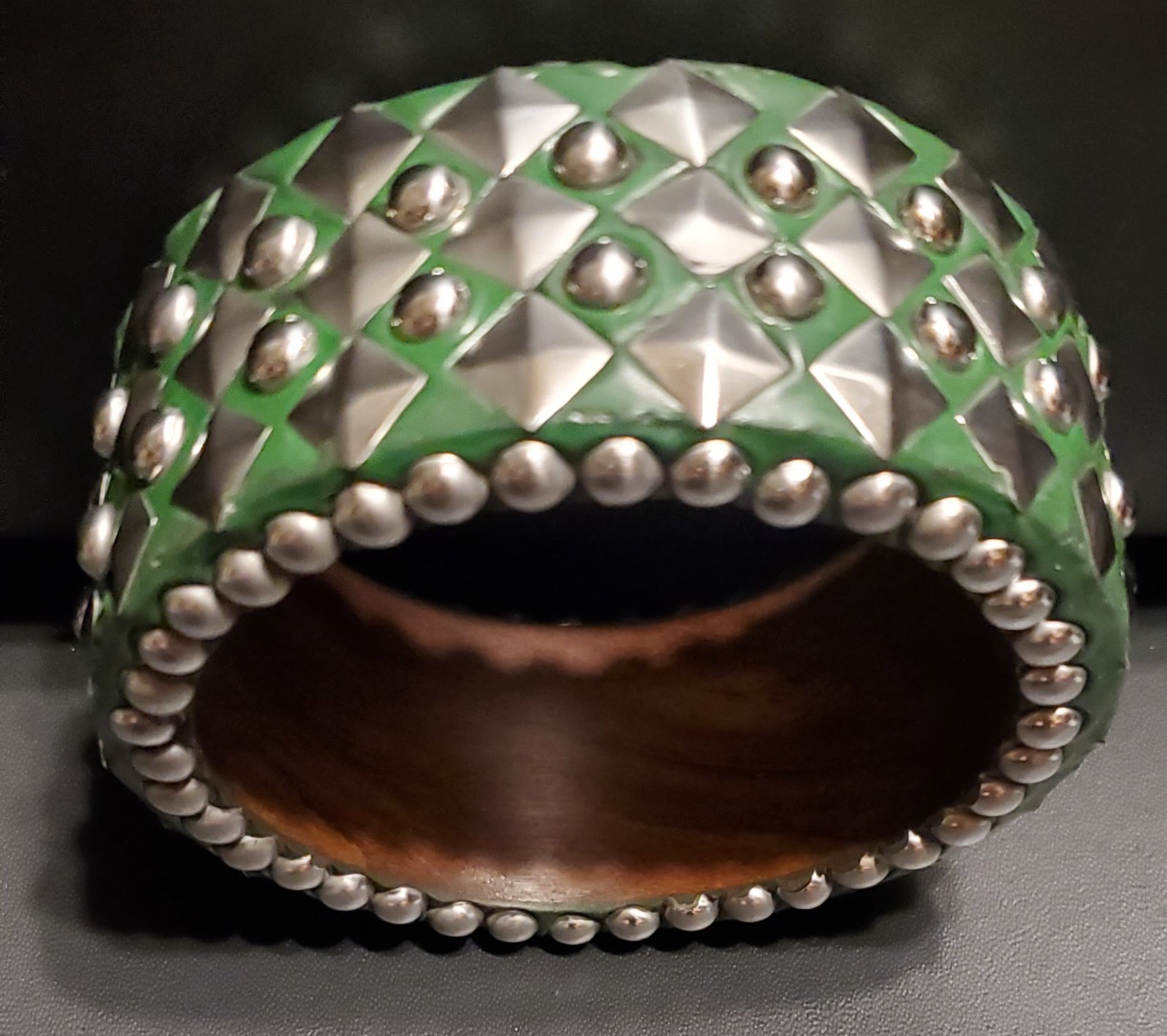 NIP Antika Boho Rocker Wide Statement Green Enamel Studded Bangle Bracelet