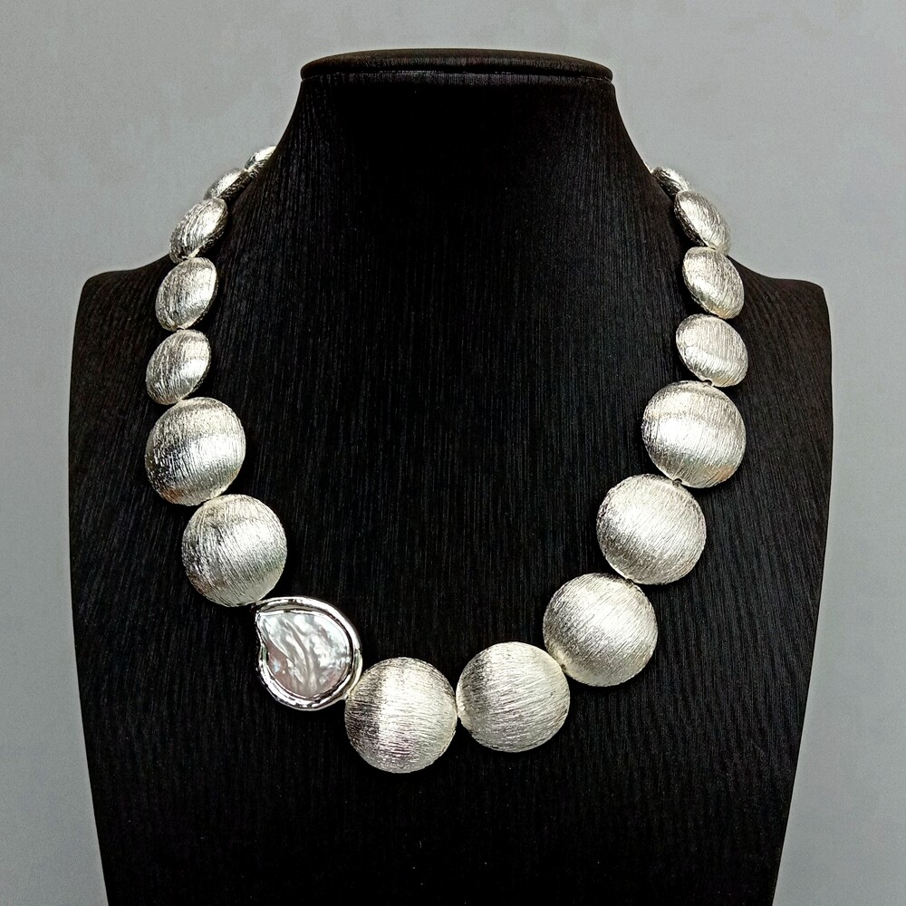 Freshwater White Coin Pearl Silver Color Brushed Coin Bead Graduated Necklace