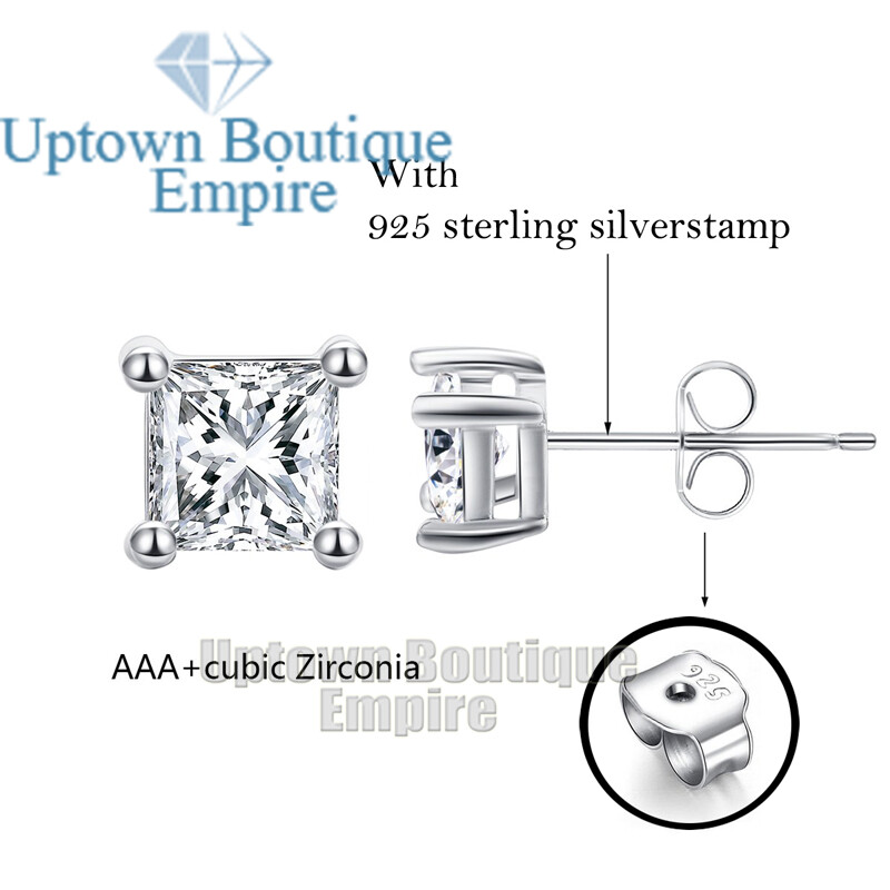 Men Women’s 925 Sterling Silver Square Stud Earrings 2,3,4,5,6,7,8,9,10mm
