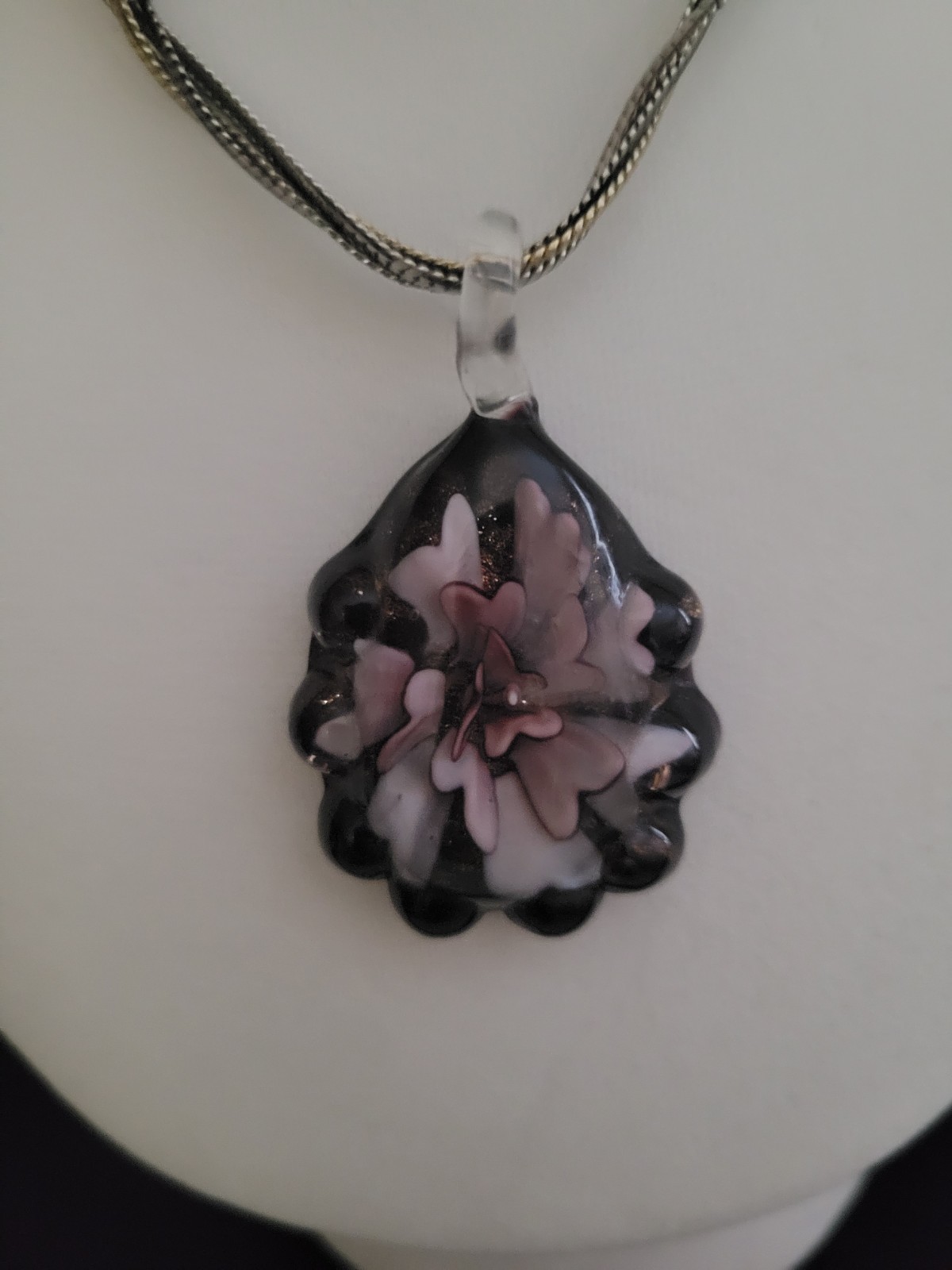 Lot of 2 Hand Blown Art Glass Floral Pendant Necklaces Murano Style 3D Flower