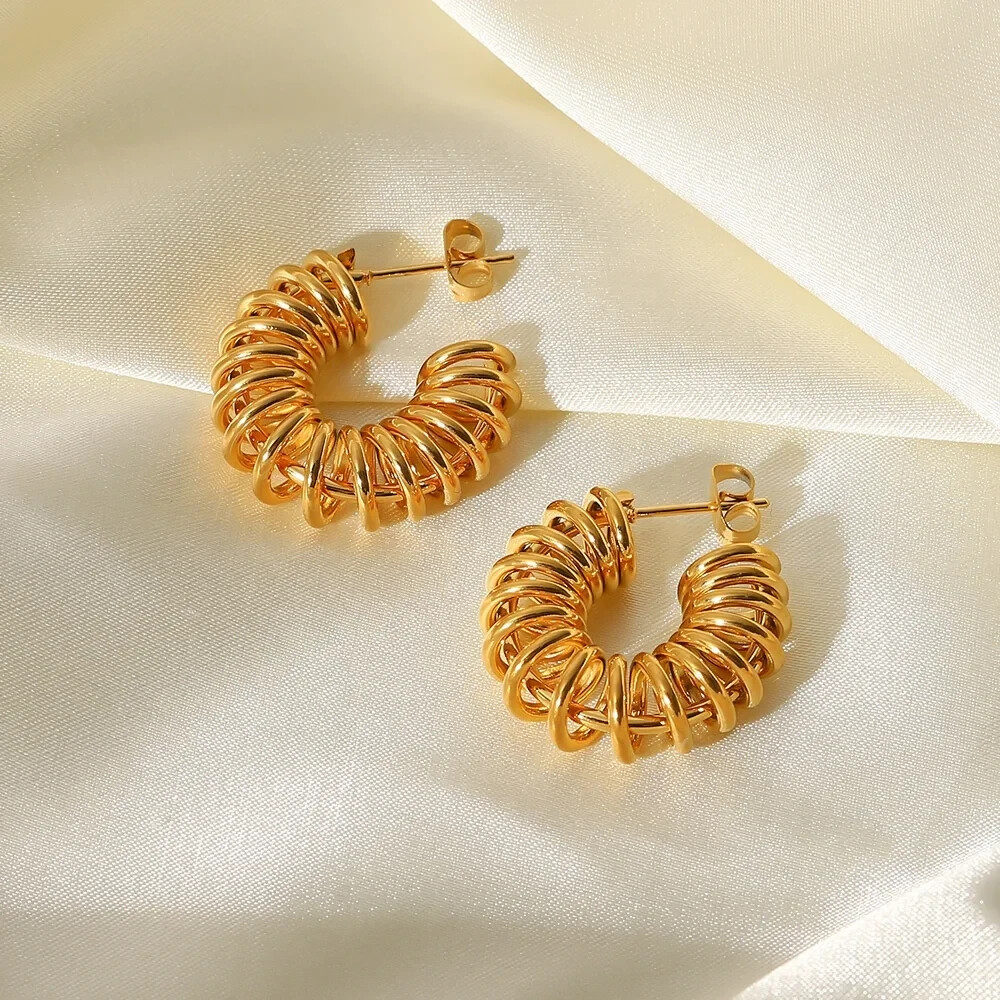 18K Gold Plated Spiral Wire C-Shaped Hoop Earring, Stainless Steel Jewelry