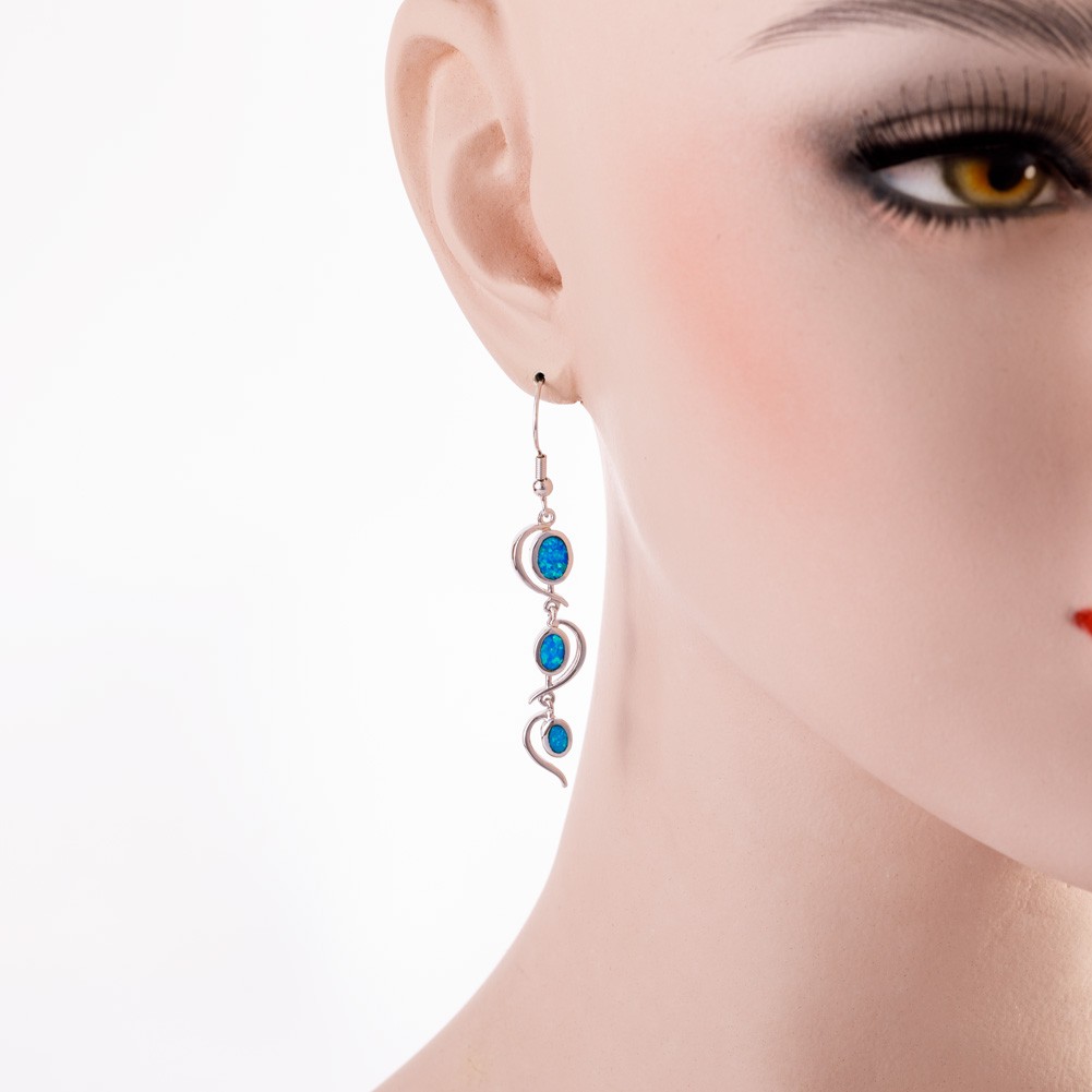 Heart Ocean Blue Fire Opal Oval Silver Jewelry Dangle Drop Earrings