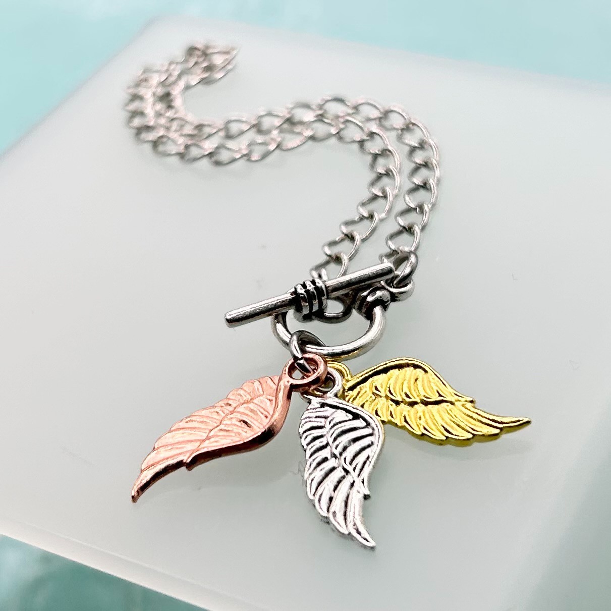 Mini Angel Wing Triple Pendant T-Bar Bracelet (Silver Chain) New Handmade