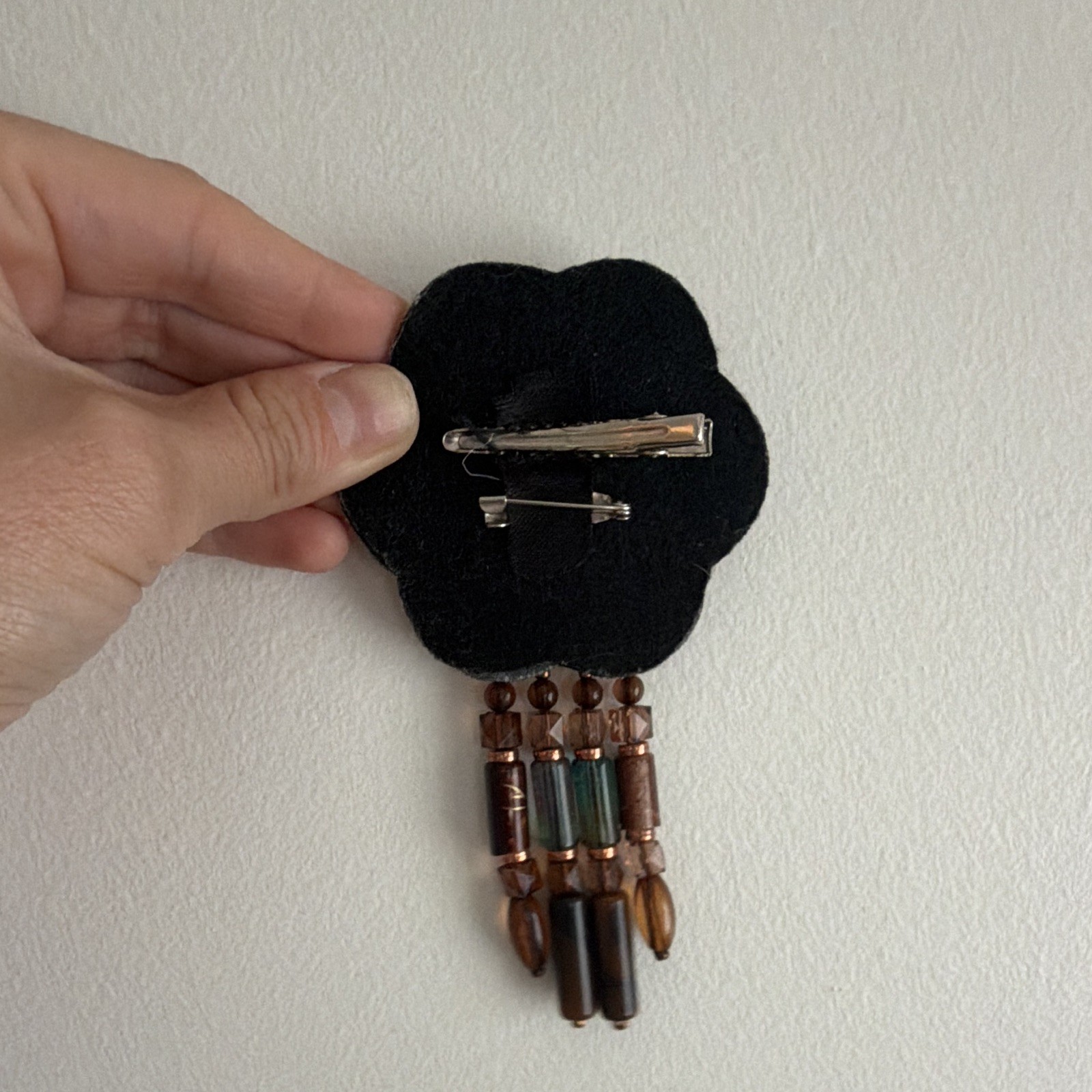 Flower Beaded Dangle Brooch Pin – Brown Black Cream Glass Beads Fabric