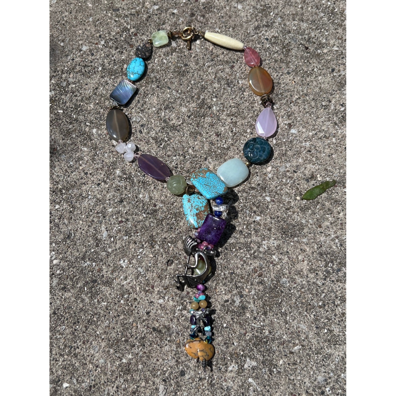 VTG Southwest Multi Gemstone Lariat Drop Statement Kokopelli Pendant Necklace