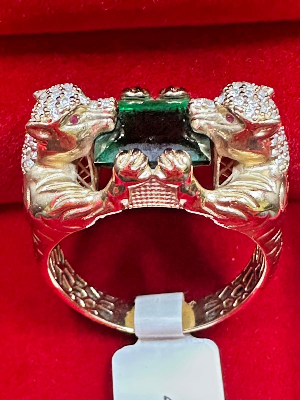 10K Double Panther Head Ring With Green Topaz Stone