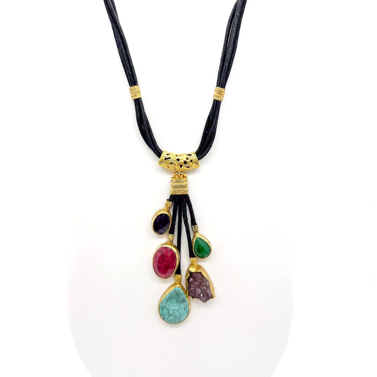 Vita New York Necklace Natural Multi Stone Gold Plated Cord Gold Plated Unsigned