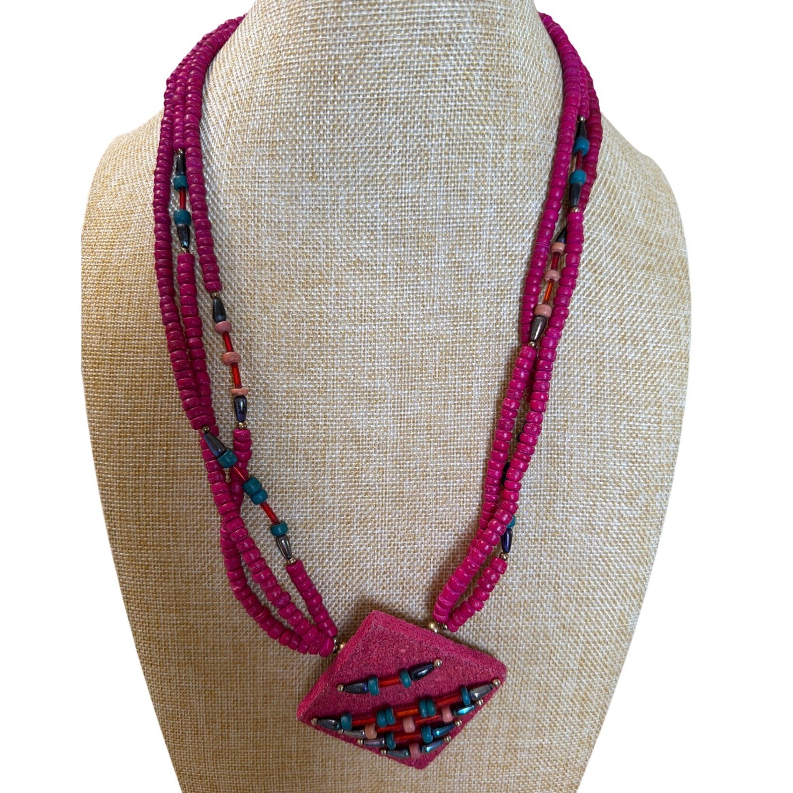 Pink Multi Strand Beaded Statement Necklace Square Leather Pendant Boho Artsy