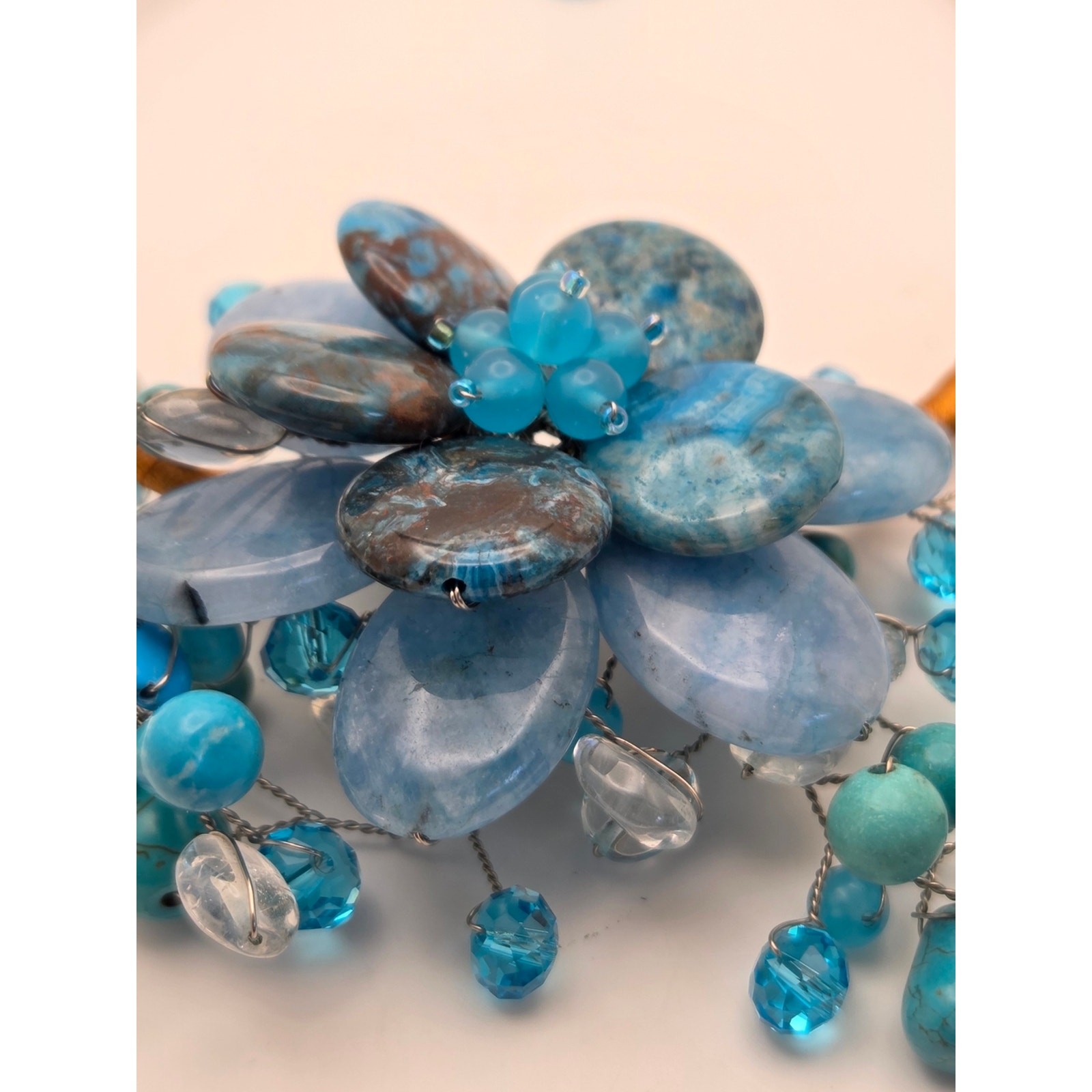 Chunky Blue Stone & Glass Statement Necklace Boho Wire Wrapped 18″