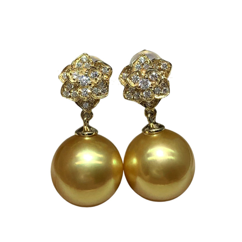 Gorgeous AAAAA 10-11mm Round south sea Golden pearl earring 925s