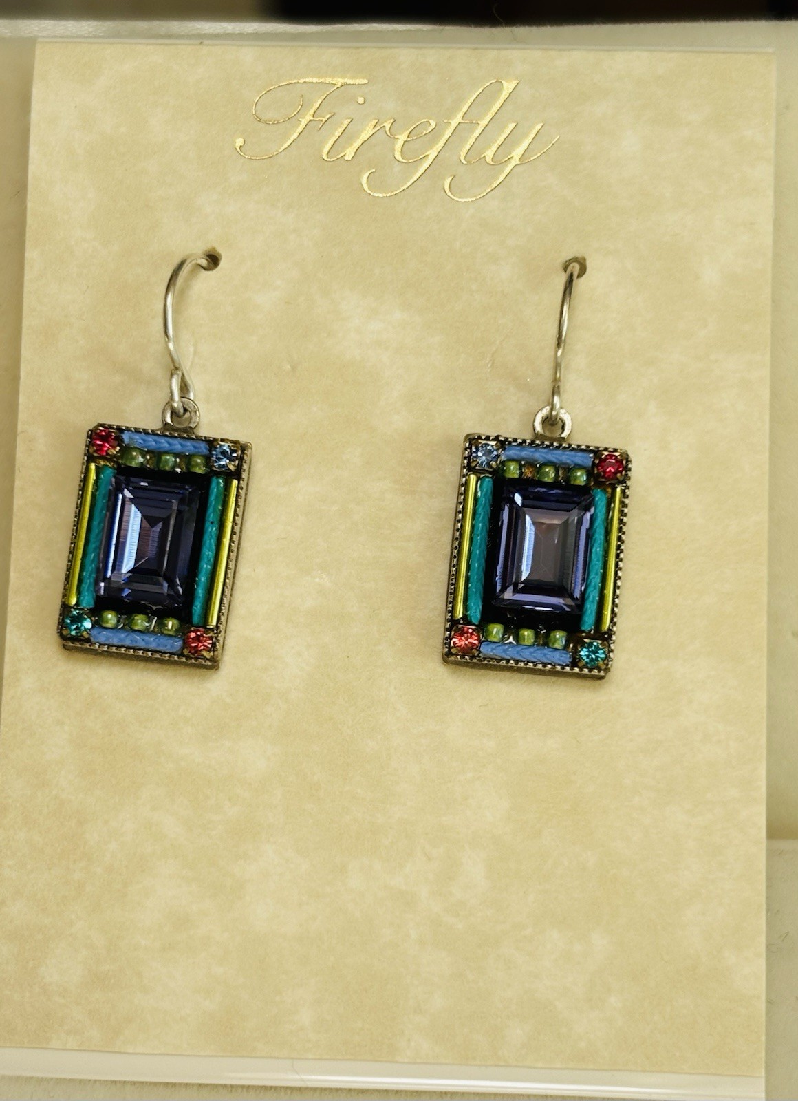 Purple Mosaic Crystal & Bead Accent Rectangle FIREFLY PIERCED EARRINGS 7409-MC