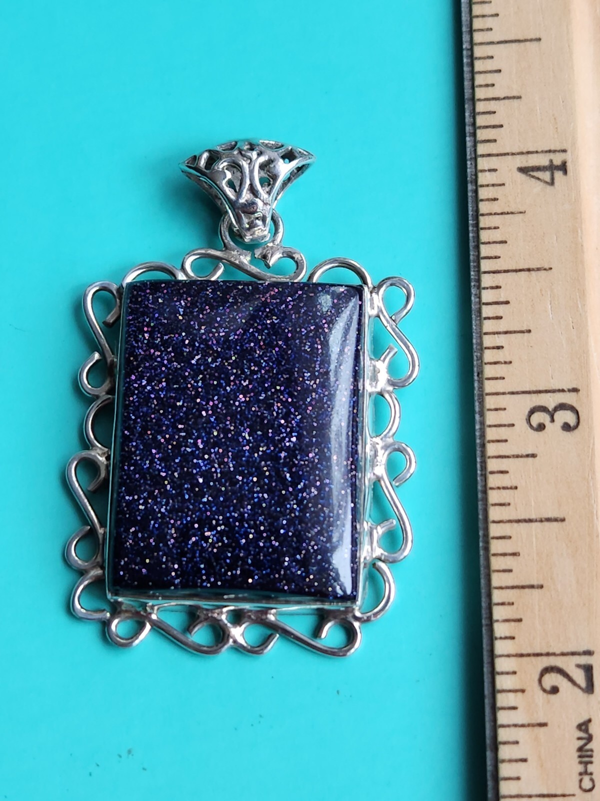 BLUE GOLDSTONE .925 STERLING SILVER PENDANT, 17 GRAMS