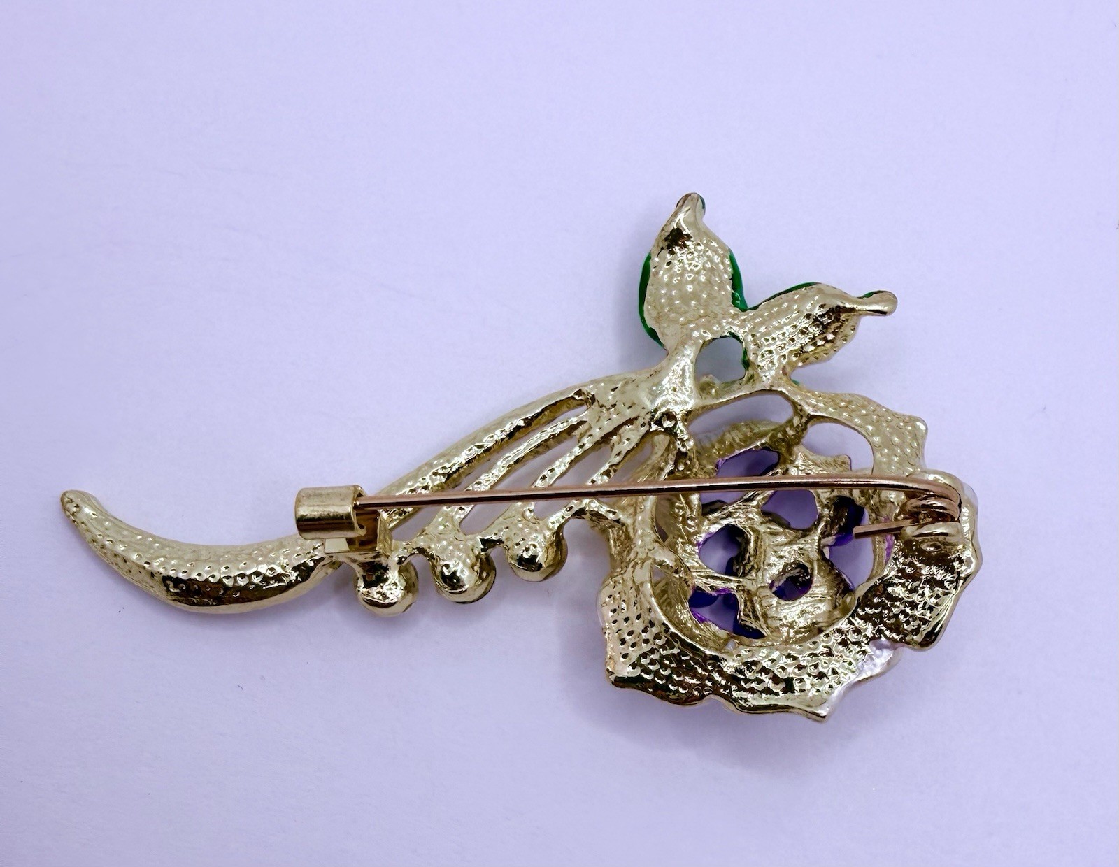 Vintage Inspired Purple Flower Brooch Pin Rhinestones Green Enamel Leaves Gift