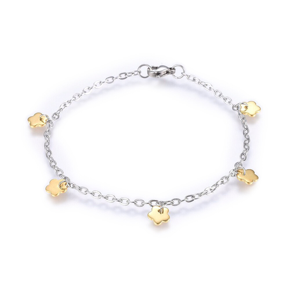 Stainless Steel Charm Bracelet Lobster Flower Gold Silver Color 7.8″ 2.5mm A74