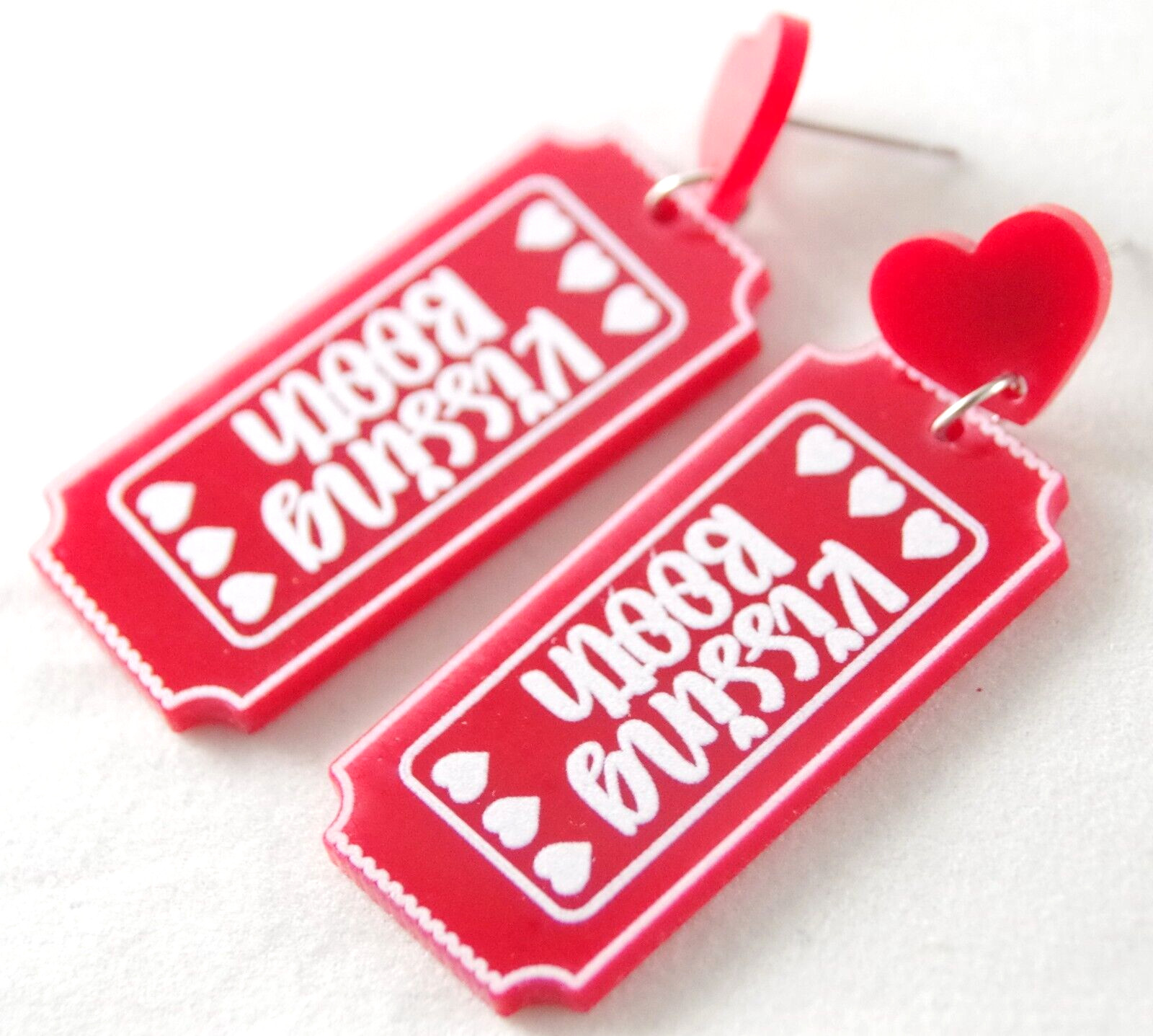 2 1/8″ NEW KISSING BOOTH TICKET VALENTINE HEART ACRYLIC DROP DANGLE EARRINGS